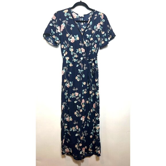 Sienna Sky Navy Floral Wrap Jumpsuit Wide Leg Short Sleeve Lightweight Sz Small - Picture 2 of 8